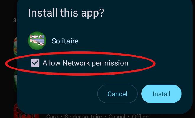 Install this app? prompt with Allow Network permission circled