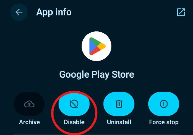 Google Play Store app info with the Disable button circled