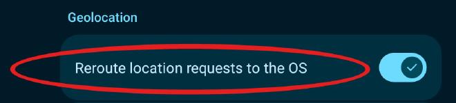 Sandboxed Google Play settings with Reroute location requests to the OS circled