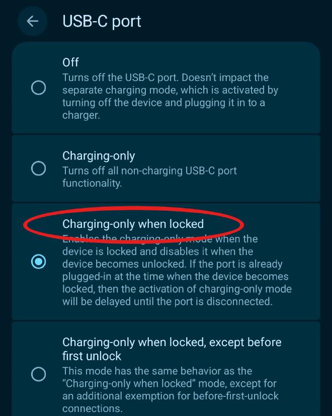 USB-C port settings with Charging-only when locked circled