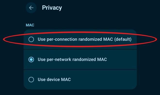 Wi-Fi Privacy settings with Use per-connection randomized MAC (default) circled