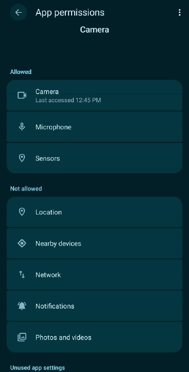 Camera app permissions on GrapheneOS: Camera, Microphone and Sensors allowed; Location, Nearby devices, Network and Notifications not allowed