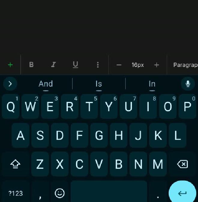 FUTO Keyboard with its suggestion bar and voice-input key, open in Notesnook