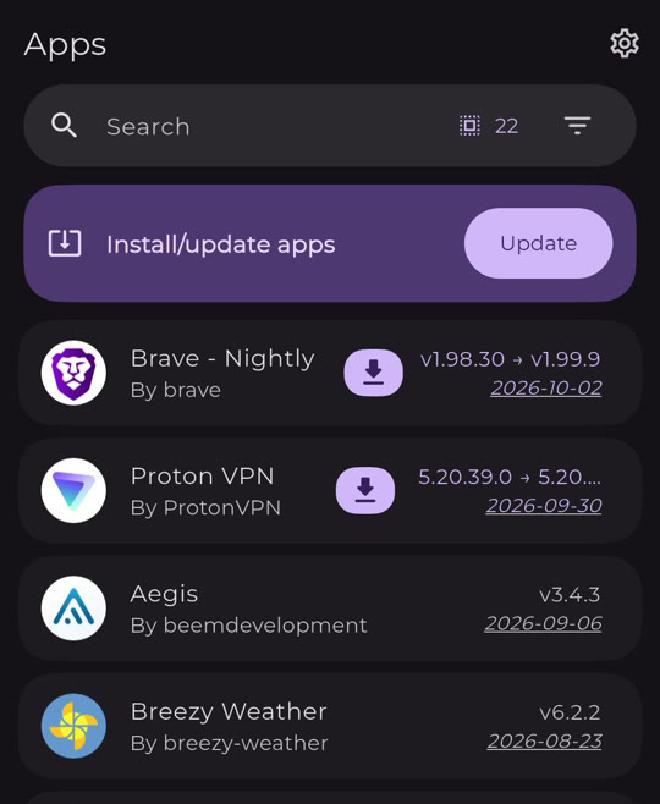 Obtainium app list with tracked apps, their versions and update buttons