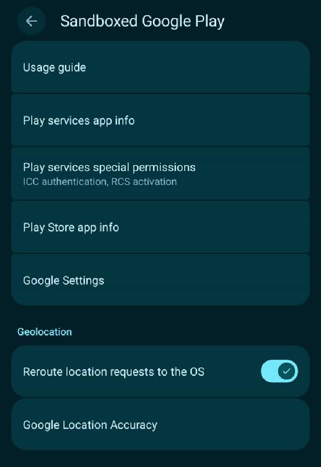 Sandboxed Google Play settings: usage guide, Play services app info, special permissions, Play Store app info, Google Settings, and location rerouting to the OS