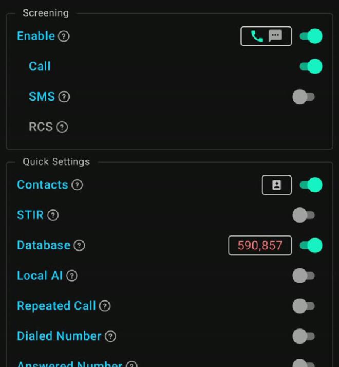 SpamBlocker settings with call screening and the number database enabled