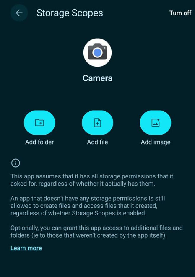 Storage Scopes screen for the Camera app with Add folder, Add file and Add image buttons